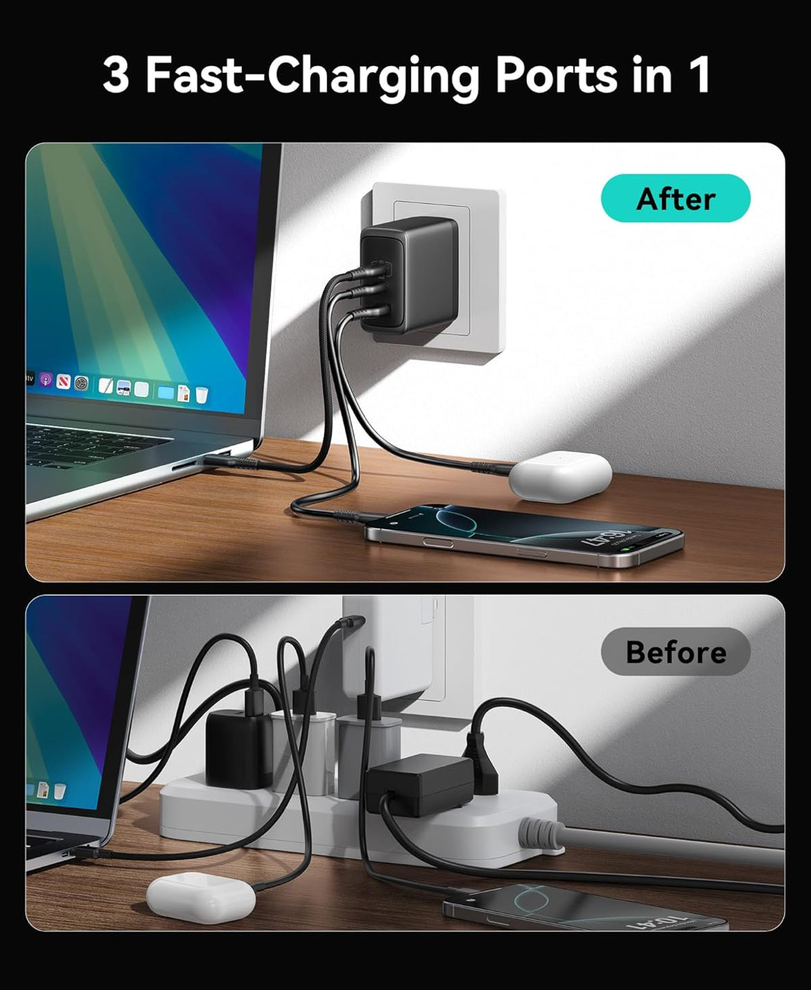INIU USB C Charger Block, 3-Port 100W PD Fast Charging, MacBook Charger with USB C Cable and Foldable Plug, GaN Tech, for MacBook Pro/Air, Laptop, iPhone 16, Samsung S25, iPad, Multiple Devices etc