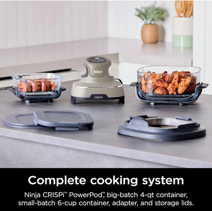 Ninja Crispi Air Fryer, Mikrogolf-, Vrieskas- en Skottelgoedwasser-veilig, Nie-giftige Glas Draagbare Kookstelsel, 4 QT & 6 Koppie Glashouers met Bergingsdeksels, Maklike Etes, Lugbraai, Bak, Steen, FN101ST