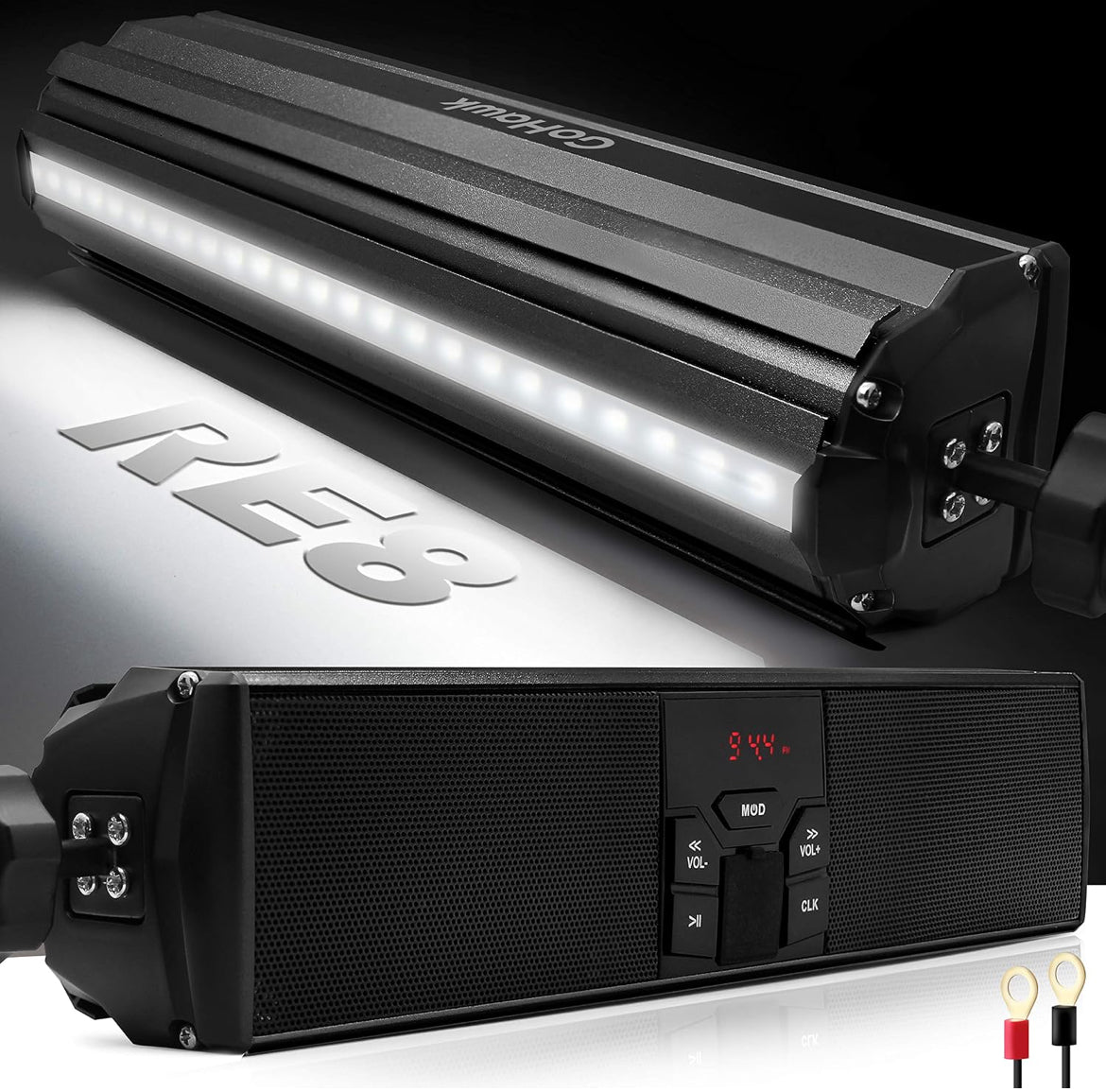 Bluetooth Motorcycle Speakers Waterproof with LED Light
Bluetooth/FM Radio/AUX/USB, 360°Adjustable Mount. Fits 7/8 to 1.25 inch handlebars for Harley, ATV, and UTV.