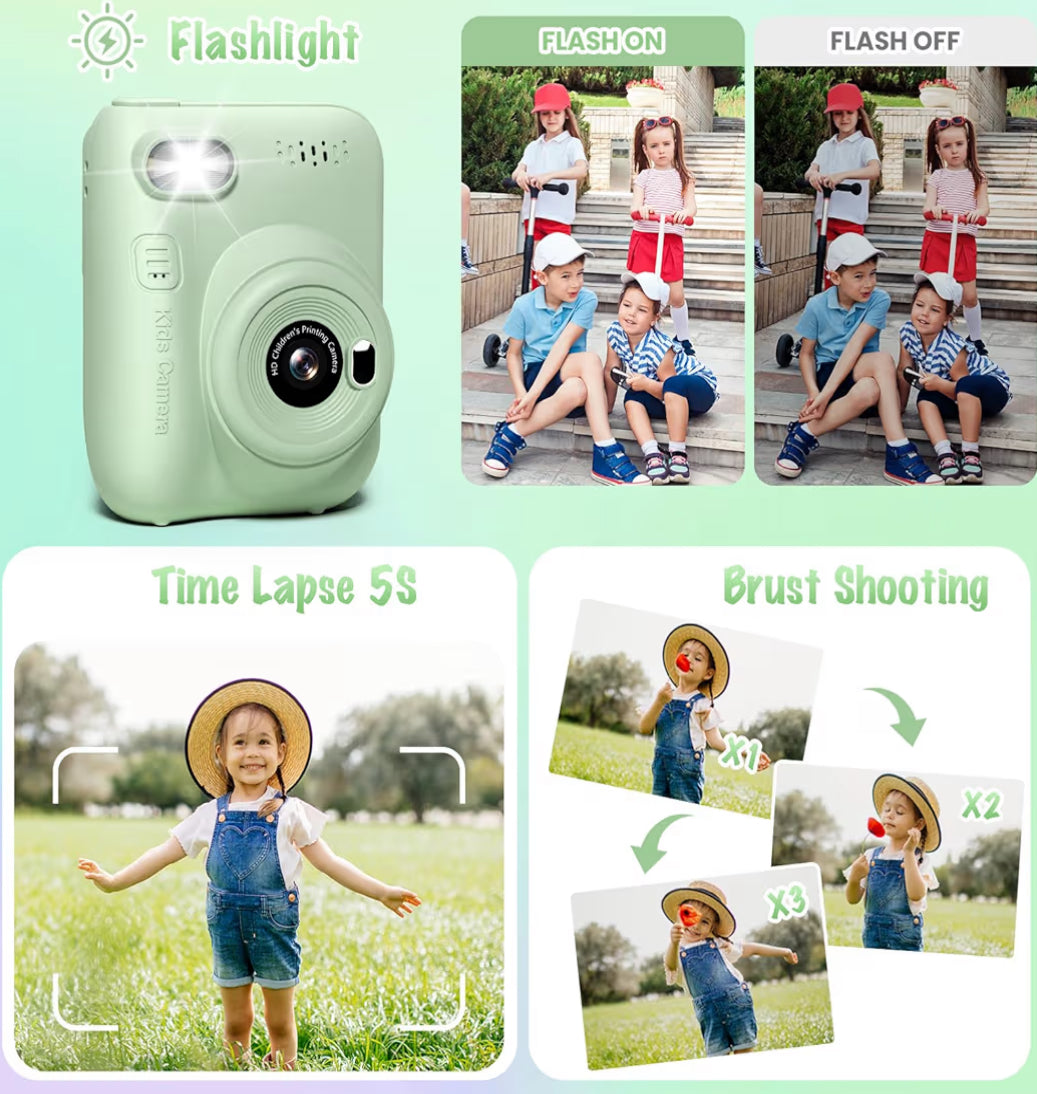Kitsdruk-kamera 3.0" HD 32MP Kinders 1080P m/ 3 Rolletjies Drukkerpapier 32GB SD Kaart (Groen)