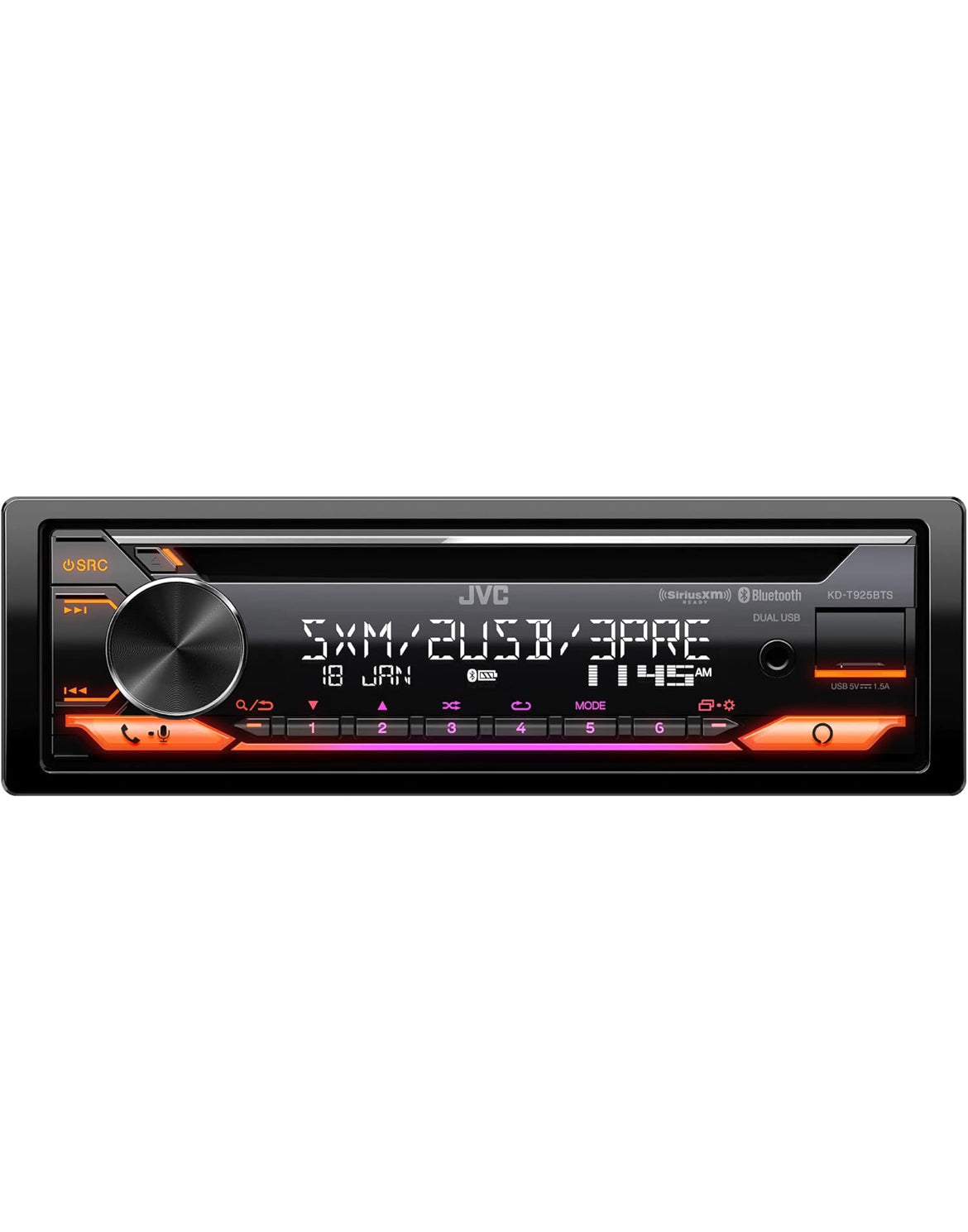 JVC KD-T925BTS Bluetooth-motorradioreceiver met USB-poort – LCD-skerm - AM/FM-radio - MP3-speler - Dubbel DIN – 13-band EQ (Swart)