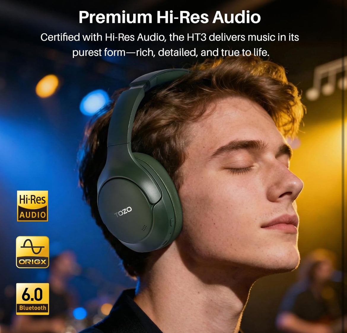 HT3 Hybrid Noise Cancelling Headphones, 90H Battery Life Over Ear Bluetooth 6.0 Foldable Headset, AI Voice Assistant - Green