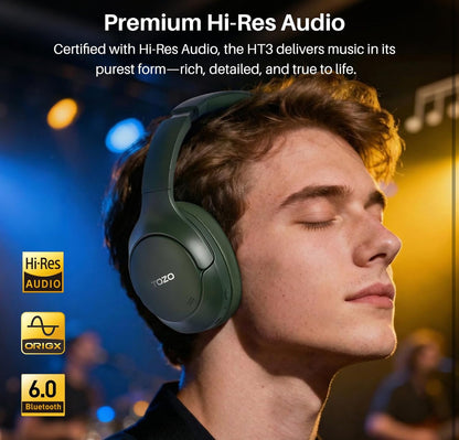 HT3 Hybrid Noise Cancelling Headphones, 90H Battery Life Over Ear Bluetooth 6.0 Foldable Headset, AI Voice Assistant - Green