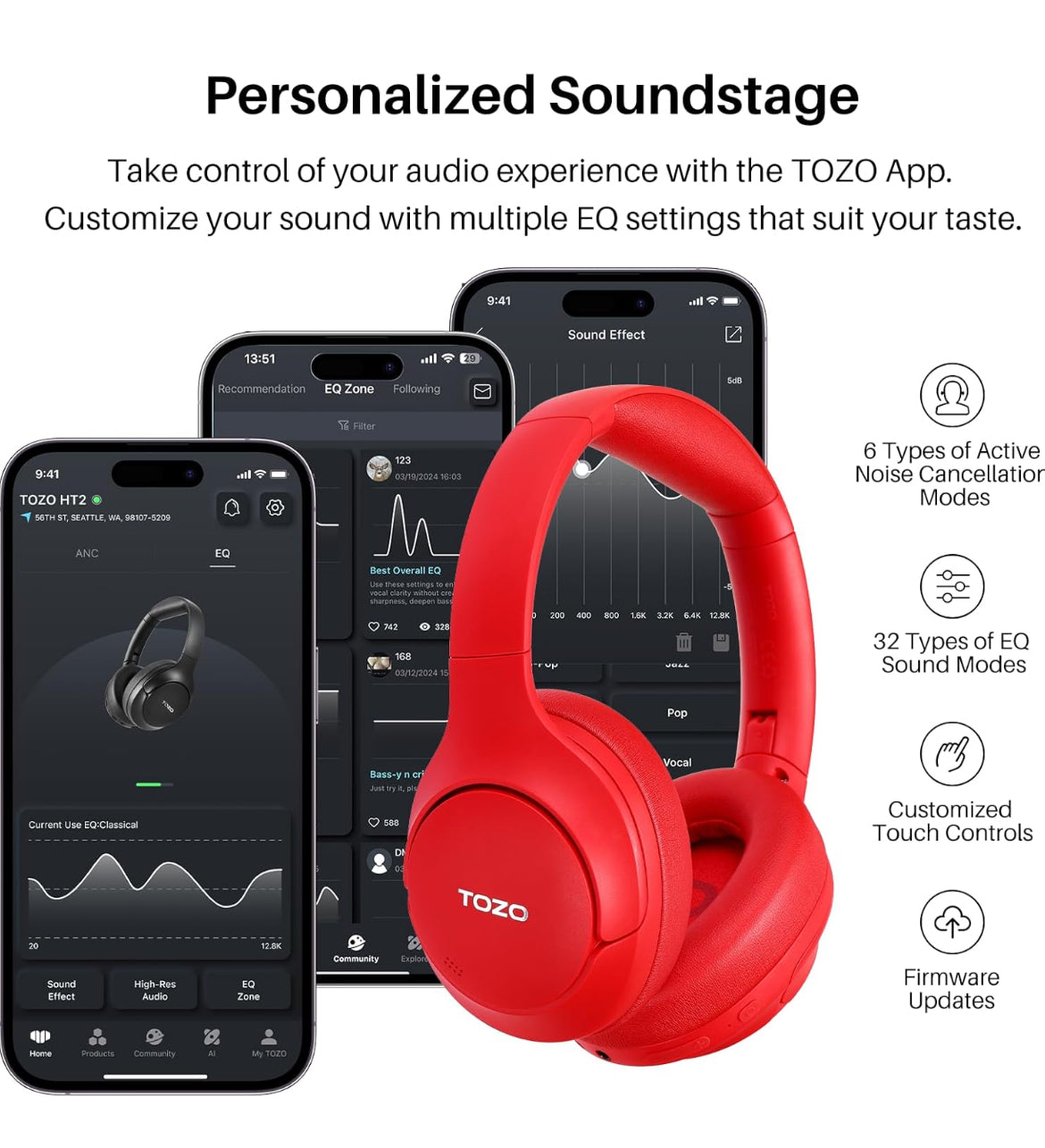 Hybrid Active Noise Cancelling Headphones, Wireless Over Ear Bluetooth, 40H Playtime, Hi-Res Audio Custom EQ, Comfort Fit Ear Cups (Red)