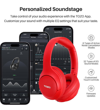 Hybrid Active Noise Cancelling Headphones, Wireless Over Ear Bluetooth, 40H Playtime, Hi-Res Audio Custom EQ, Comfort Fit Ear Cups (Red)