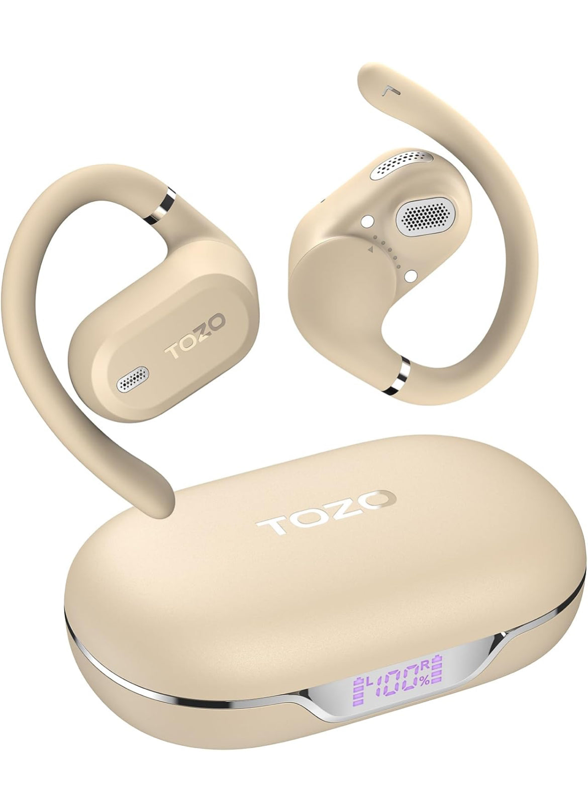 OpenWear Open Ear Headphones, Adjustable Ear Hooks, Ultra Comfort, Bass Bluetooth Headphones 5.4 with Smart Digital Display (Khaki)