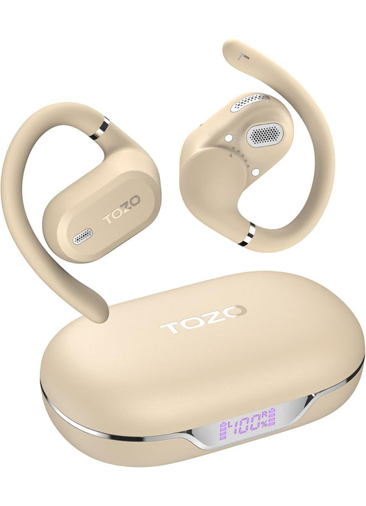 OpenWear Open Ear Headphones, Adjustable Ear Hooks, Ultra Comfort, Bass Bluetooth Headphones 5.4 with Smart Digital Display (Khaki)