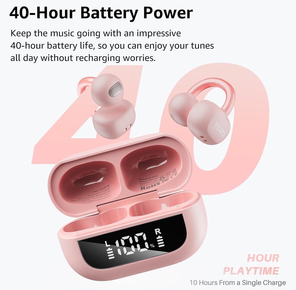 Open Ear Clip Earbuds, Lightweight Comfort 40H Play BT w/ Smart Digital Display - Pink