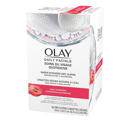 Olay Daily Facials Grimeerverwyderende Gesigsreinigingsdoekies, 5-in-1 Watergeaktiveerde Lappies, Eksfolieer, Toon en Hidreer Vel (66 tellings)