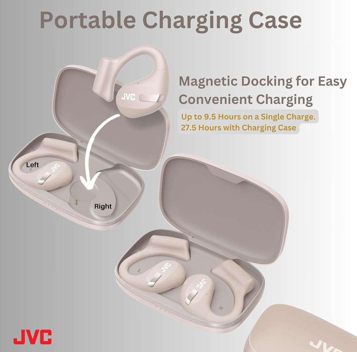 JVC Nuwe Oopoor Ware Koordlose Oorfone met 16mm Groot Drywers vir Kragtige Klank, Enkeloor-gebruik, Kompakte Grootte, en Lang Batterylewe (tot 38 Uur) - HANP50TC (Beige)