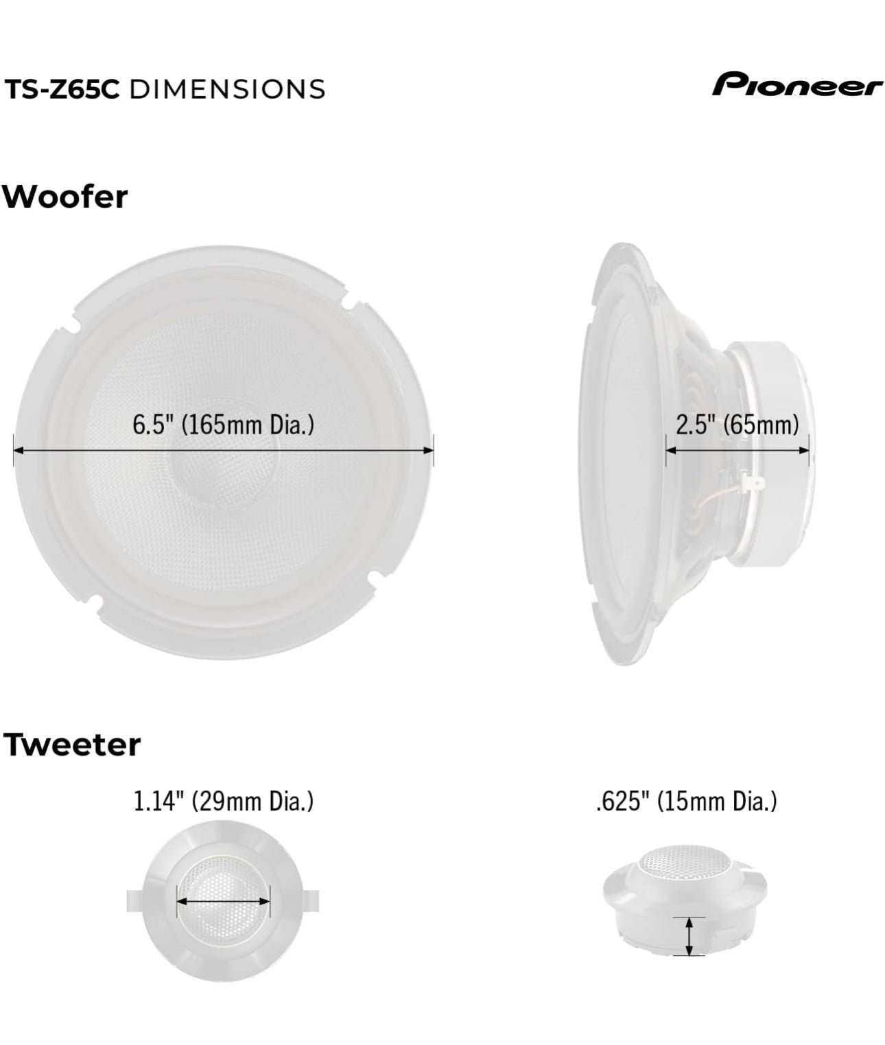 Pioneer TS-Z65C, 2-rigting-komponentmotorklankluidsprekers, Volreeks, Oop & Gladde Klankgehalte, Verbeterde Basrespons, 6.5” Luidsprekers