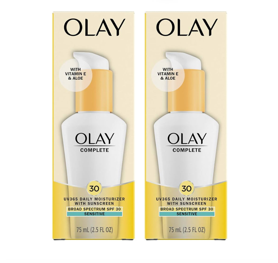 Olay Gesigbevogtiger, Volledig met Sonskerm SPF 30 Sensitiewe Vel Nie-Komedogenies - Vitamien E & Aalwyn - (2.5 Oz - 2 Pak)