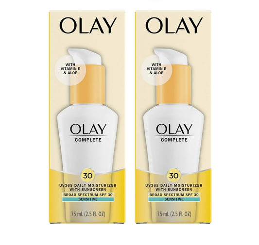 Olay Gesigbevogtiger, Volledig met Sonskerm SPF 30 Sensitiewe Vel Nie-Komedogenies - Vitamien E & Aalwyn - (2.5 Oz - 2 Pak)