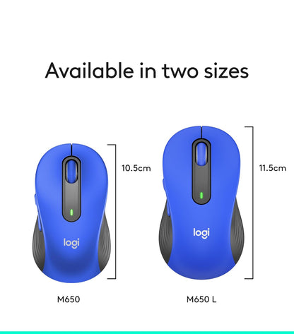 Logitech Draadlose Muis Signature M650 L Volgrootte - Groot Hande, Stil Klieke, Aanpasbare Knoppies, Bluetooth, PC/Mac/Chromebook - Klassieke Blou, Regshandig, Groot