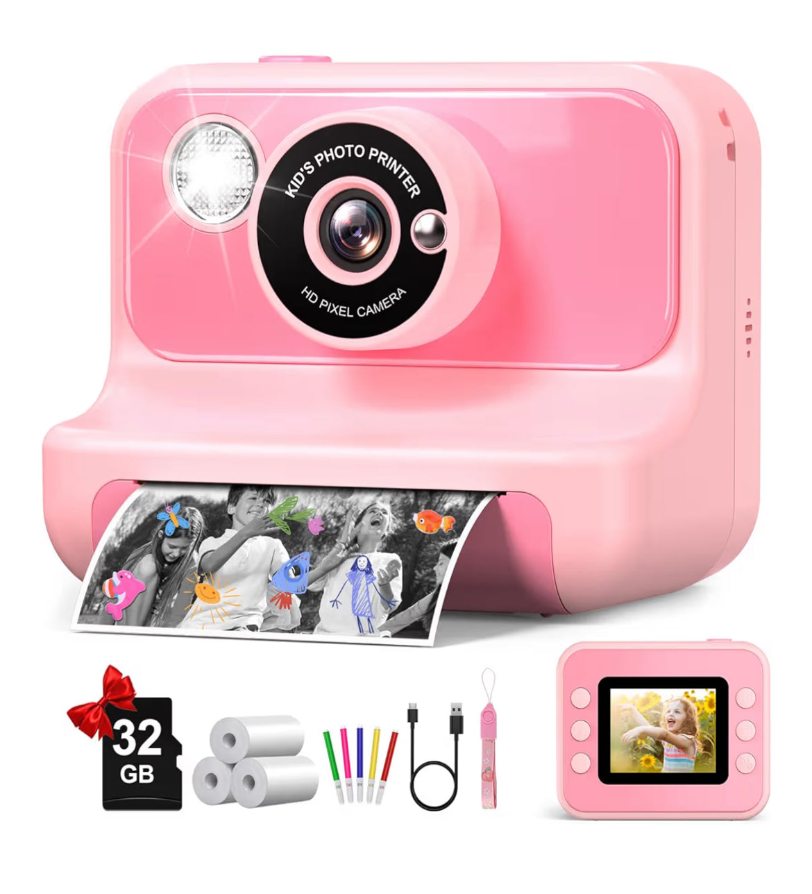 Kinders kitsdruk 1080P HD digitale videokamera m/ 32G kaart - (Ligpienk)