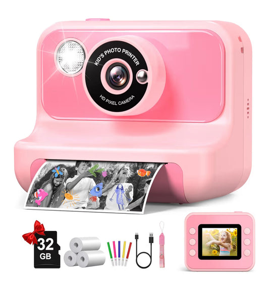 Kids Instant Print 1080P HD Video Digital Camera w/ 32G Card - (Light Pink)