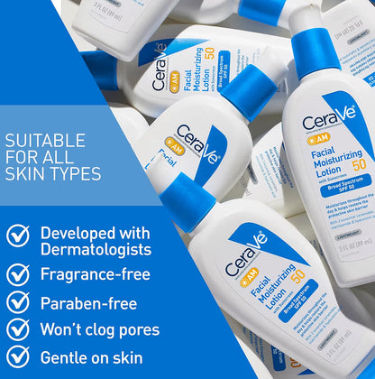CeraVe AM Gesigsbevogtigende Melk SPF 50 Hialuronzuur, Niasienamied & Seramiede Nie-komedogeniese Sonroom (89 ml)