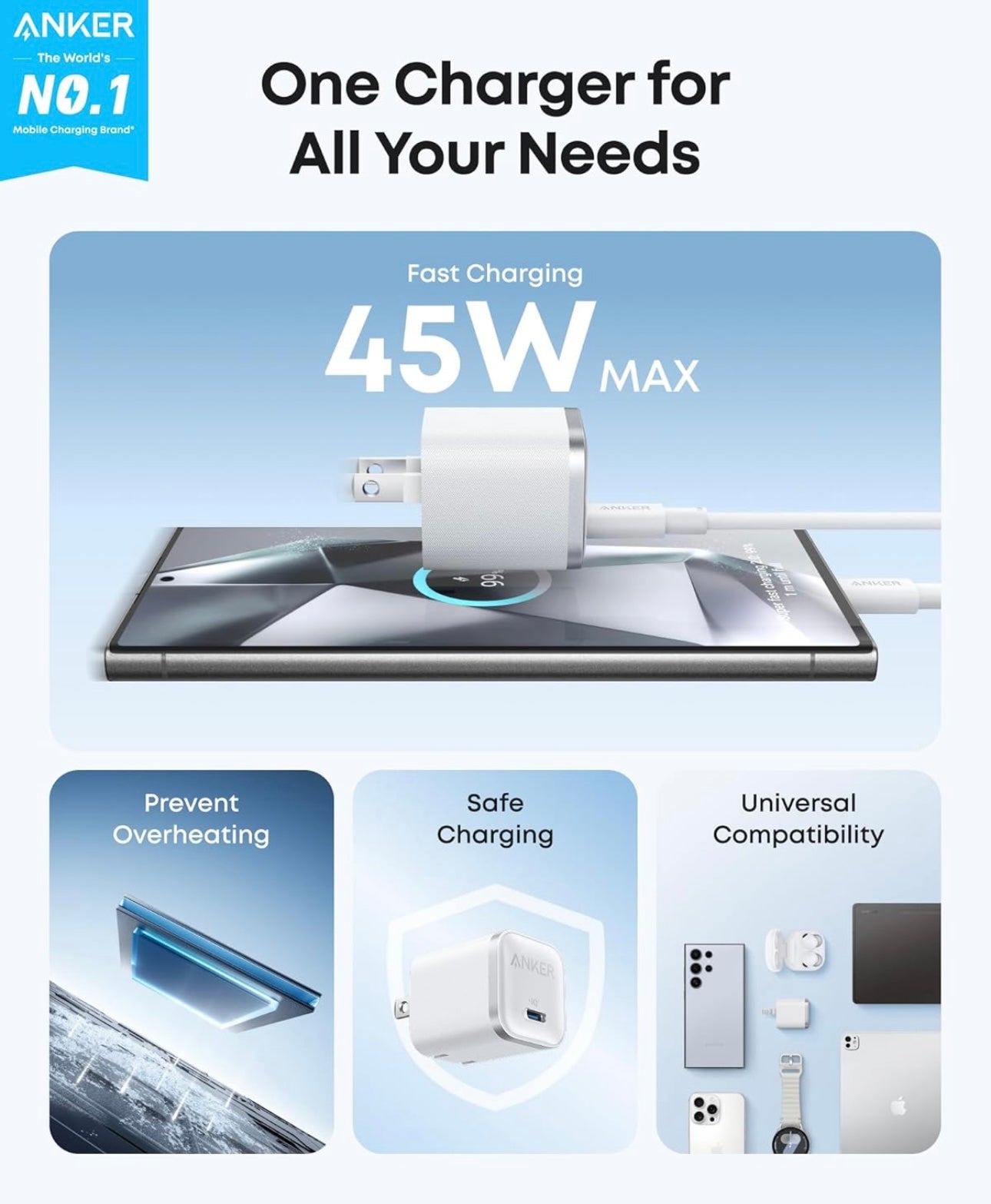 Anker Nano 45W Type C Charger Fast Charging, Compact and Foldable - (White)