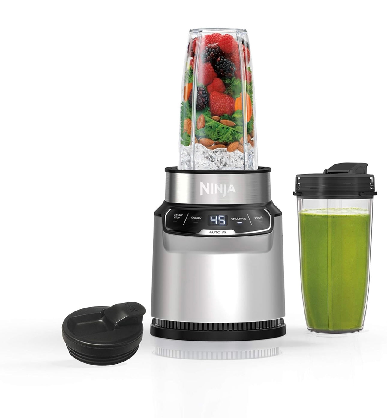 Ninja BN401 Nutri Pro Compact Personal Blender, Auto-iQ Technology, 1100-Peak-Watts, with (2) 24-oz. To-Go Cups & Spout Lids - Cloud Silver
