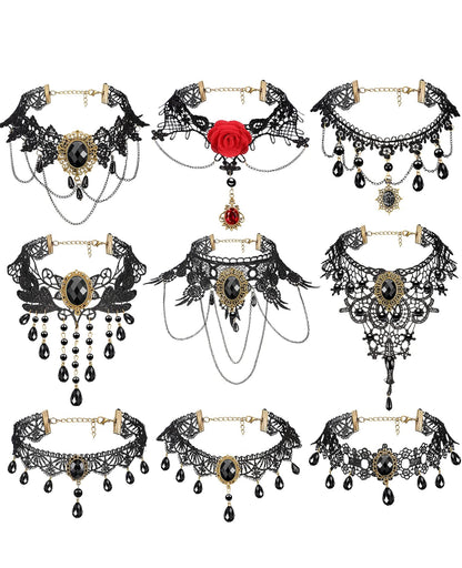 9 Stuks Halloween Sexy Juweliersware Swart Gotiese Kant Choker vir Vroue Dame Victoriaanse Choker Elegante Retro Punk Halssnoere Halsband vir Halloween Partytjie Steampunk Vampier Cosplay Kostuums Troue