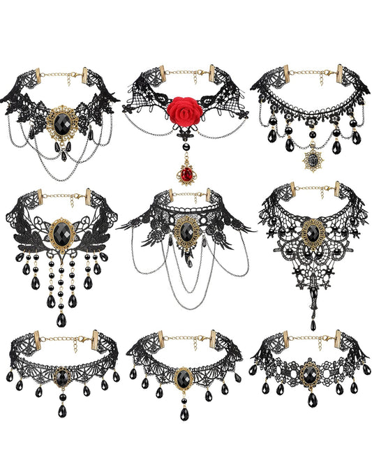 9 Stuks Halloween Sexy Juweliersware Swart Gotiese Kant Choker vir Vroue Dame Victoriaanse Choker Elegante Retro Punk Halssnoere Halsband vir Halloween Partytjie Steampunk Vampier Cosplay Kostuums Troue