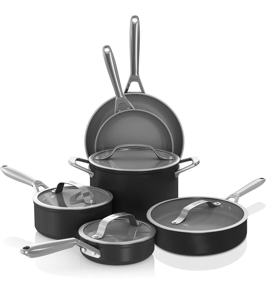 Ninja Ceramic Pro 10-stuk Kookwarestel, Kleefvrye Potte- en Panne-stel met Glasdeksels, PTFE-vry, Keramiekbedekking, Oondveilig, Alle Stoofplate- en Induksieversoenbaar, Swart, CW39010BK