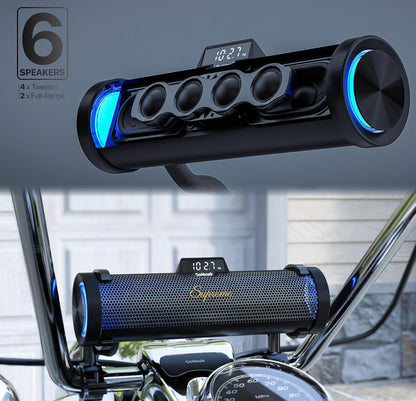 Motorcycle Speakers Bluetooth 6-Speaker Radio Audio System
Waterproof Aluminum Sound Bar, Built-in Amplifier, LED light, Remote Control, FM Radio/USB/AUX, Perfect for Harley ATV