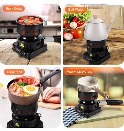 Electric Stove Coconut Charcoal Starter - ETL Approved Hot Plate Durable Faster Coal Burner 120V~600W with Detachable Handle Stainless Steel Grill & Rack Smart Heat Control Long Cable for BBQ Kitchen