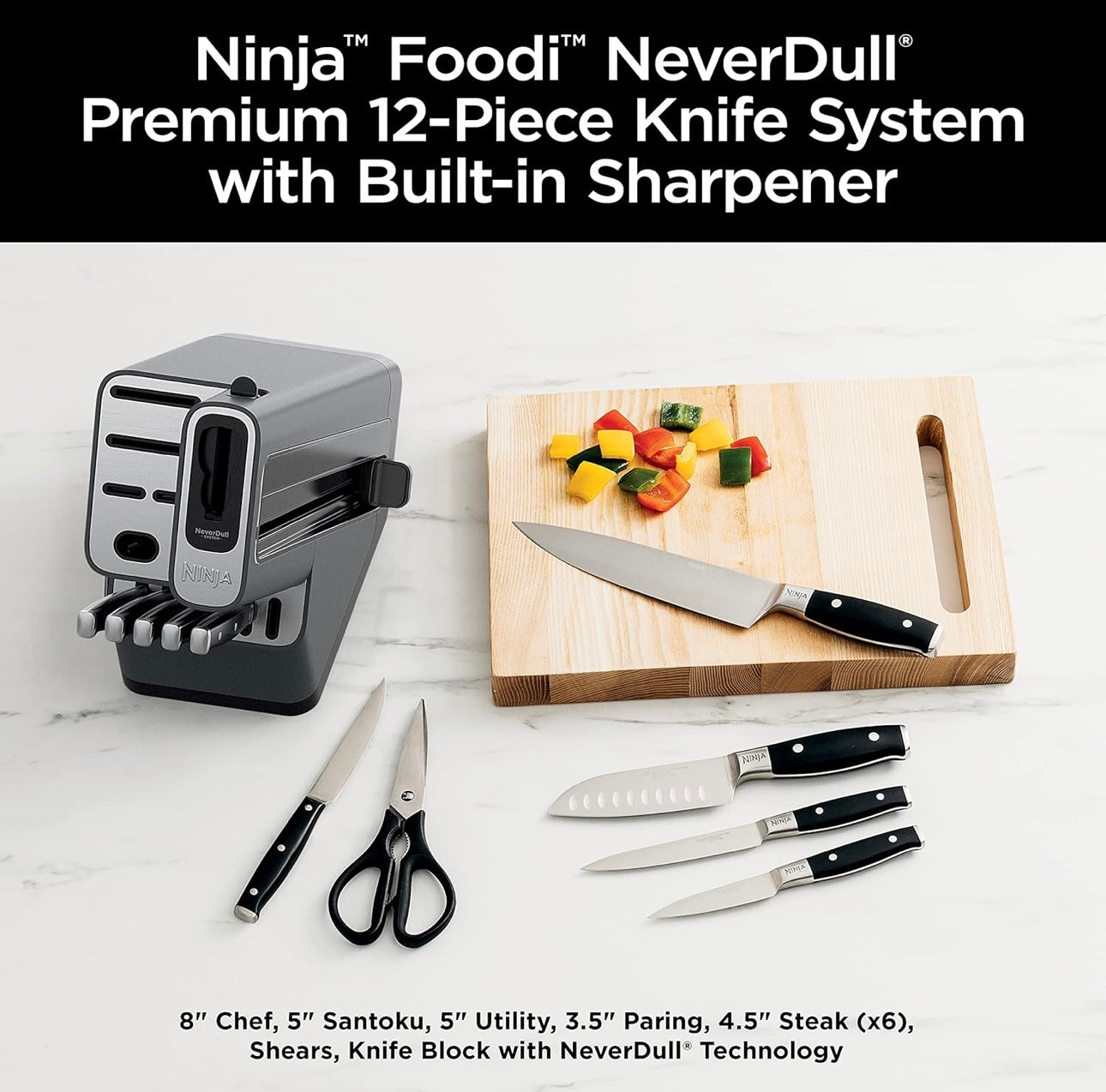Ninja K32012 Foodi NeverDull Premium Messe Stelsel, 12 Stuk Mesblokstel met Ingeboude Skerpmaker, Duitse Vlekvrye Staal Messe, Swart