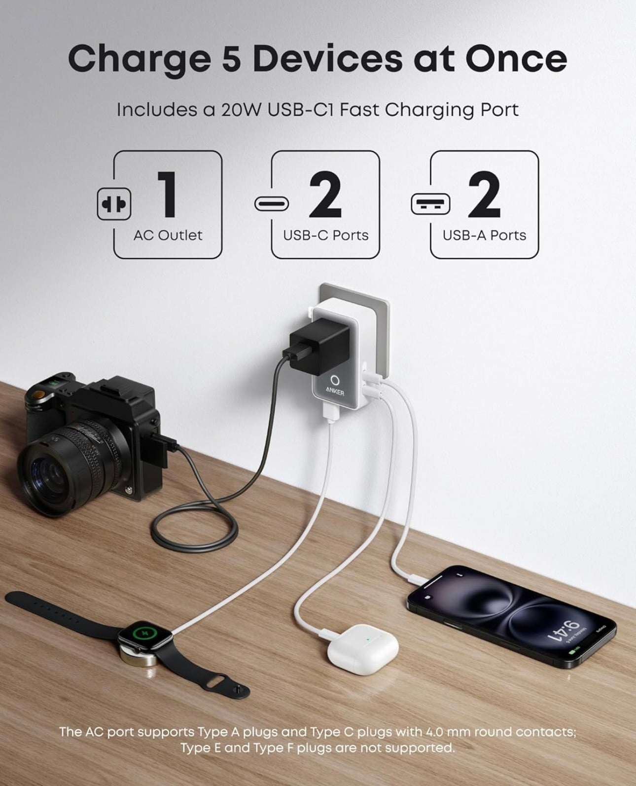Anker Nano Travel Adapter, 5-Port Power Adapter with 1 AC, 2 USB-A, and 2 USB-C Ports - WHITE