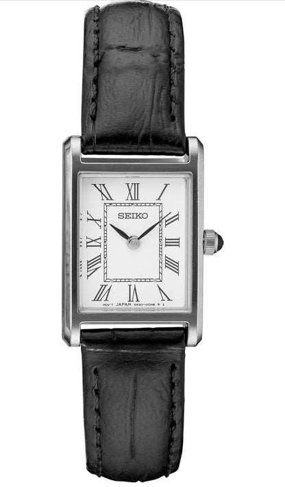 SEIKO Essentials-horlosie waterbestand met reghoekige vlekvryestaalkas en leerband - WIT