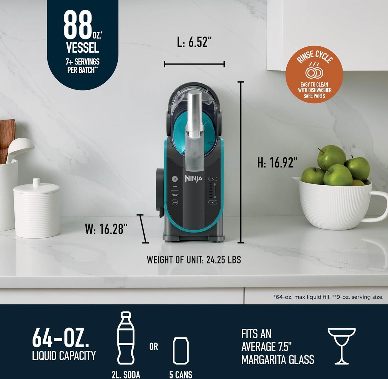 Ninja SLUSHi Professionele Bevrore Drankiemaker met RapidChill-tegnologie, 88 oz. Bevrore Drankie- en Slushie-masjien, 2 Voorafingestelde Programme, Bevrore Margaritas, en Meer, Premium Aksente, Teal, FS299