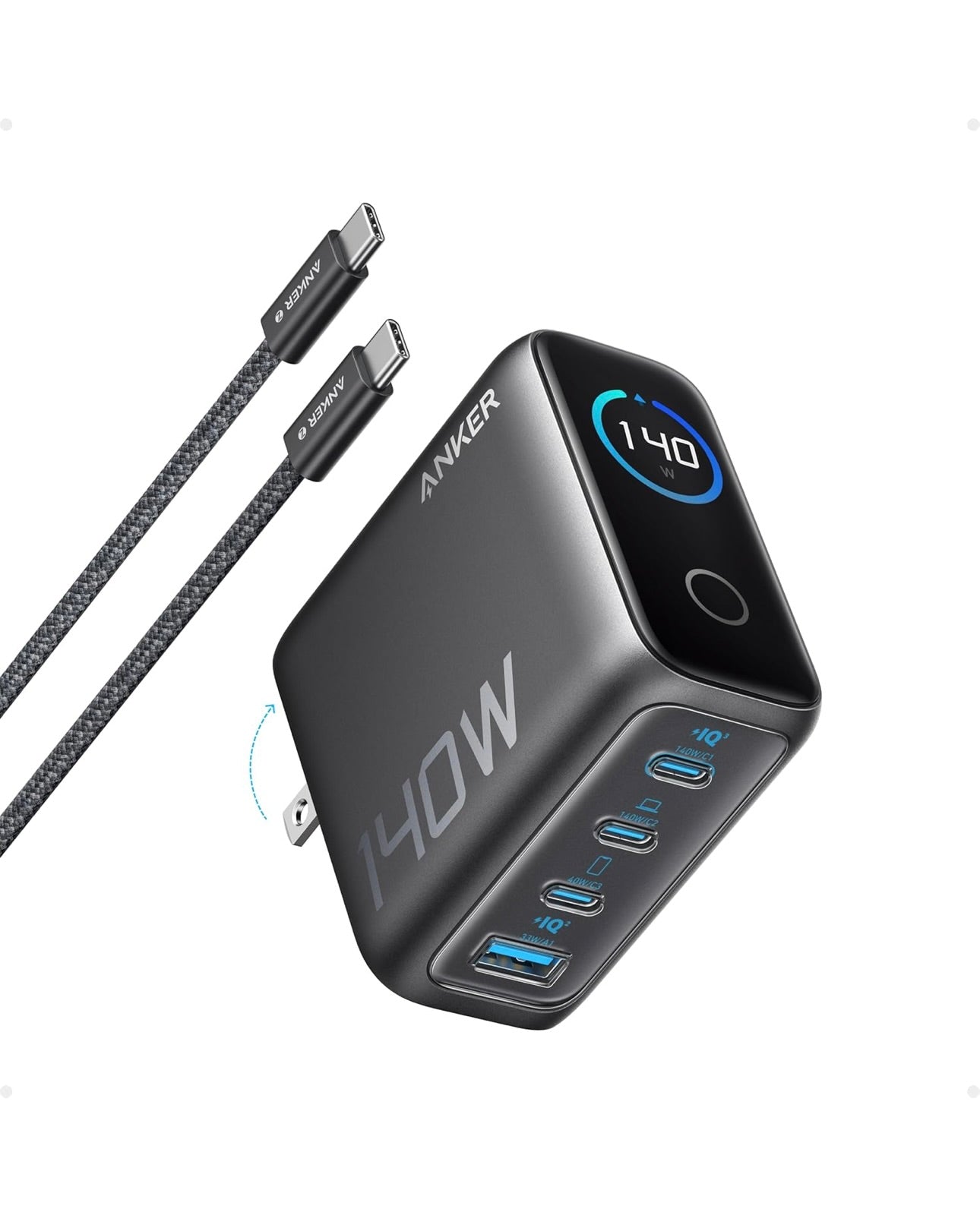 Anker Laptop Charger, 140W MAX USB C Charger, 4-Port Multi-Device Fast Charging, - BLACK