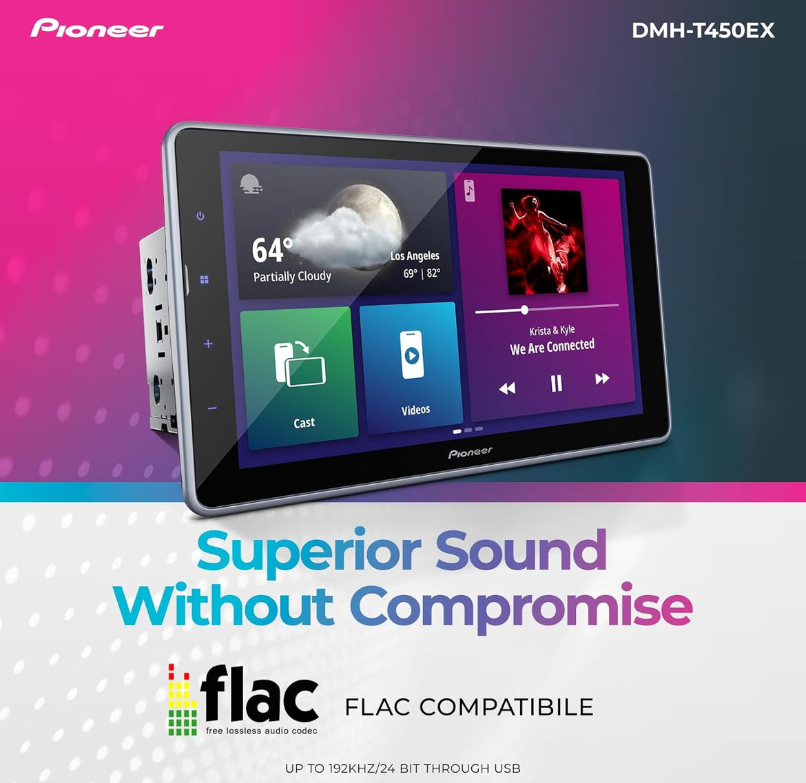 Pioneer 9" Capacitive Touchscreen Floating Display Car StereoDigital Multimedia Receiver, Alexa, Bluetooth, Backup Camera, FLAC, Short Chassis, USB, AM/FM Radio, 13-Band EQ, RCA Preouts