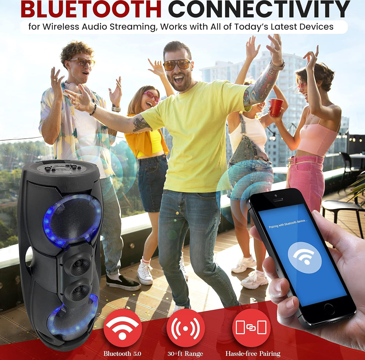 Portable Bluetooth PA Speaker System - 1000W Indoor/Outdoor Bluetooth Speaker PA System w/TWS, Recorder, Microphone in, Party Lights, USB SD Card Reader, FM Radio, Rolling Wheels PPHP82LB,Black