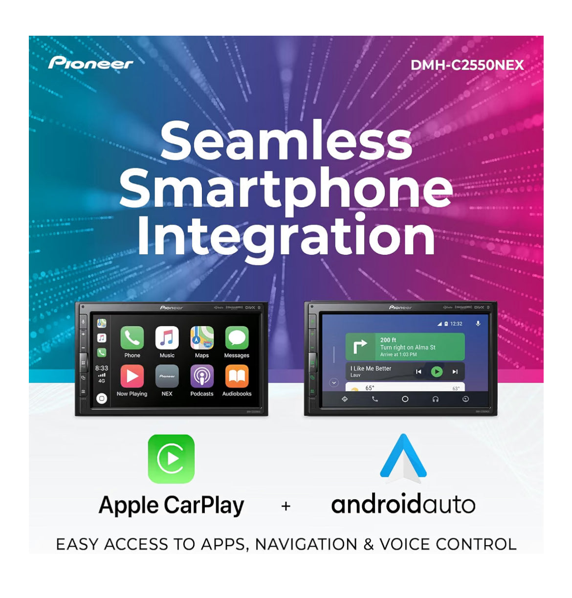 Pioneer DMH-C2550NEX 6.8" Capacitive Touchscreen Modular Chassis Car Stereo
Digital Multimedia Receiver, Wired CarPlay & Android Auto, Amazon Alexa, Bluetooth, Backup Cam, Short Chassis, Hi-Volt RCA