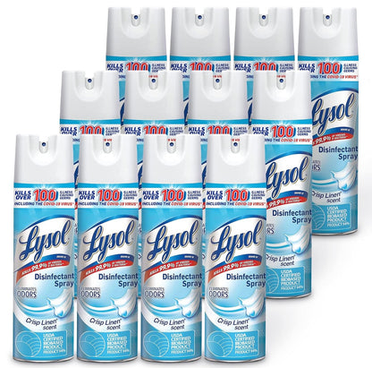 Lysol Ontsmettingssproei, Noodsaaklike Huishoudelike Skoonmaakbenodigdhede, Veeldoelige Kamersproei, Antibakteriese Ontsmettingssproei, Stoffeerderij Ontgeurder, Huis en Badkamer, Crisp Linen, 19 Fl Oz (Pak van 12)