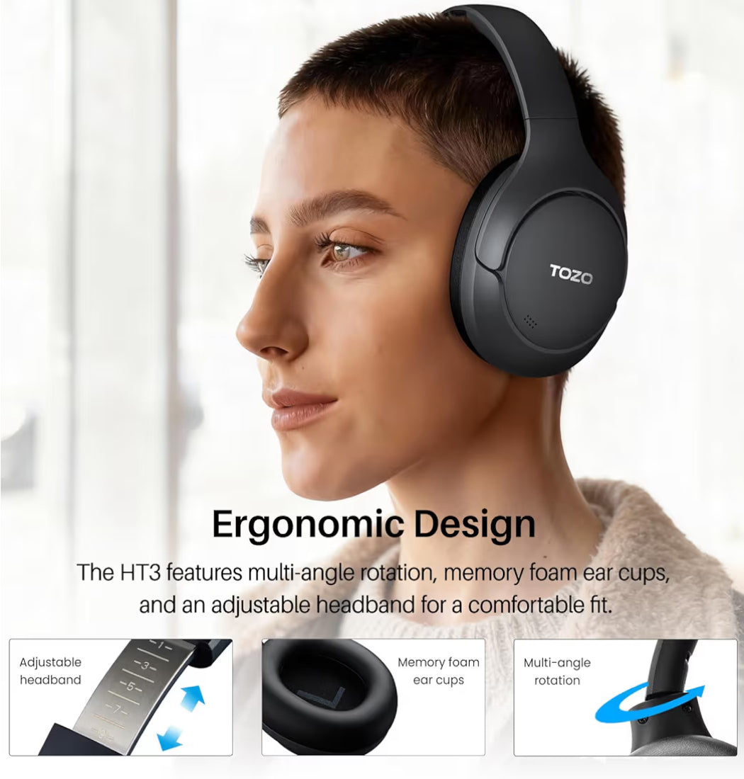 HT3 Hybrid Noise Cancelling Headphones, 90H Battery Life Over Ear Bluetooth 6.0 Foldable Headset, AI Voice Assistant - Titanium Black