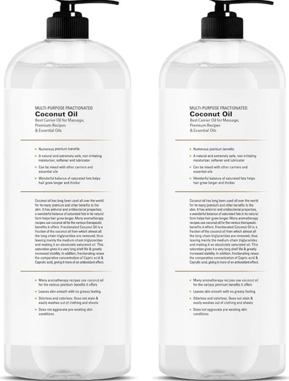 Suiwer Gefraksioneerde Kokosneutolie - Ontspannende Masseervloeistof, Vloeibare Draerolie vir die Verdun van Essensiële Olies - Vel-, Lip-, Liggaam- en Haaroliemvogroom en Versagmiddel - 16 fl oz (Pak van 2)