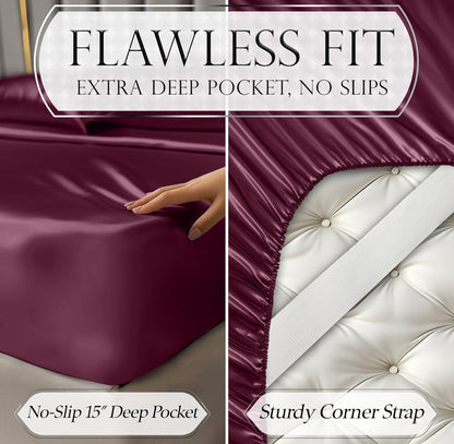 DECOLURE Satin Bed Sheets - 3 Piece Luxury Silky Twin Size Bedding Set - Softer Than Silk, Wrinkle-Free with 15” Deep Pocket Fitted Sheet, Perfect for Hair & Skin, Gifts for Women (Rosewood)