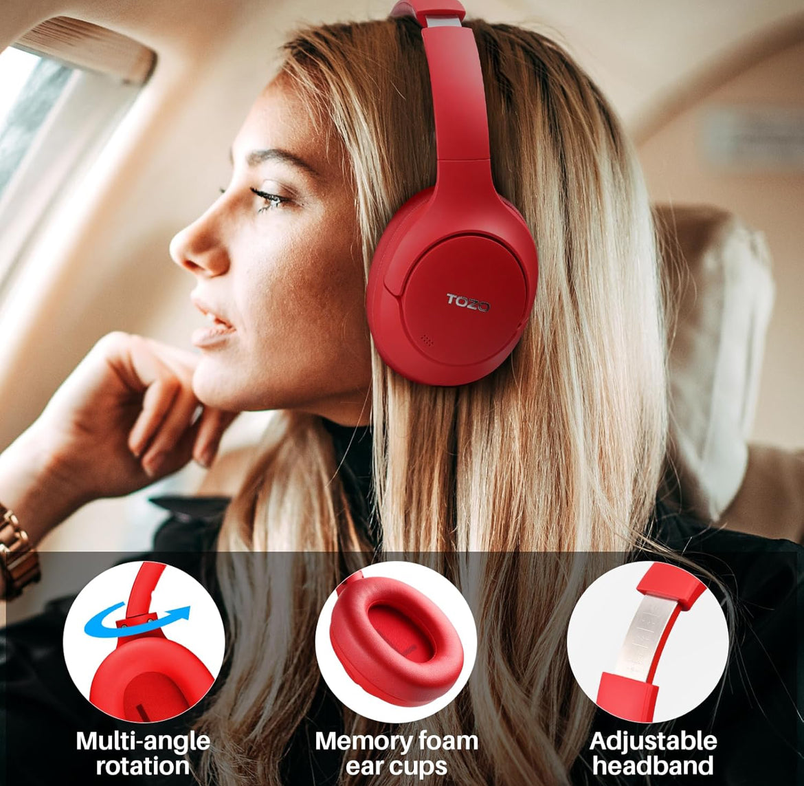 HT2 Hybrid Active Noise Cancelling Headphones, Wireless Over Ear Bluetooth Headset, 60H Playtime - Red