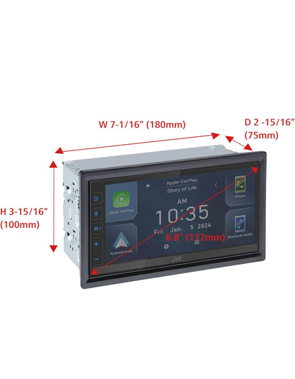 JVC Apple CarPlay Android Auto Digitale Mediaspeler, Dubbel Din, 6.8 Duim LCD Raakskerm, AM/FM, HD Radio, Bluetooth, MP3 Speler, USB Poort, iDatalink Maestro, SiriusXM, Motorradio