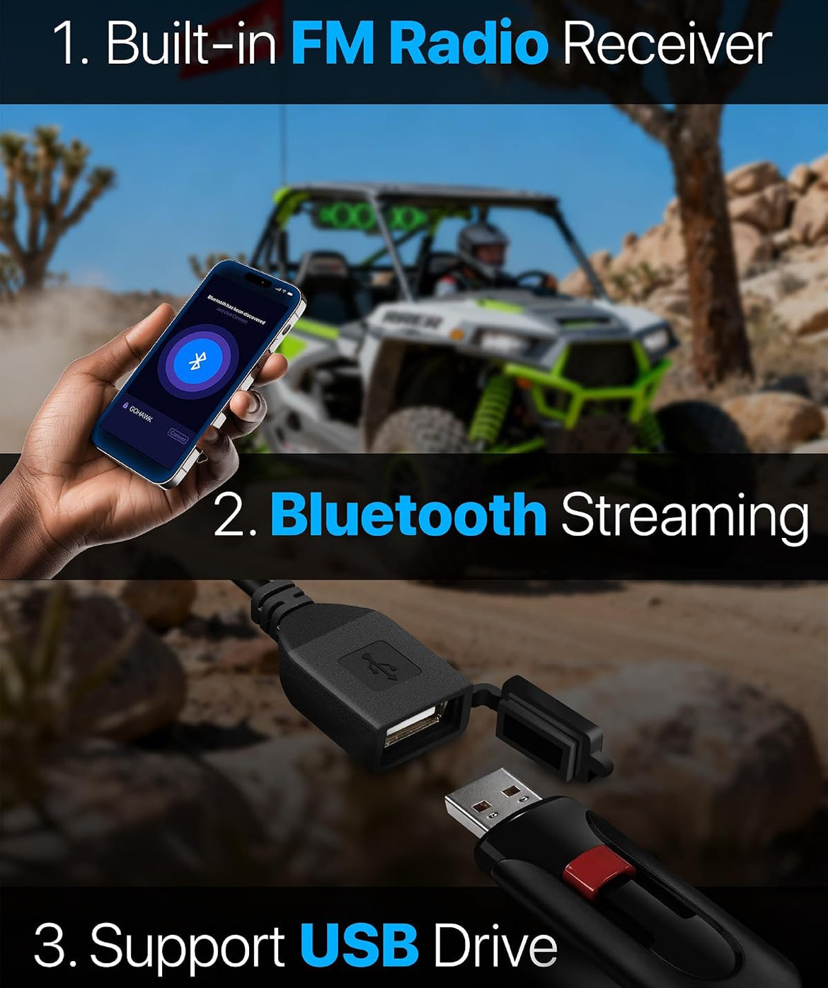 25" 6-Speaker UTV Sound Bar w/ Bluetooth, RGB ATV Soundbar5 00W Peak Power, IP66 Waterproof, FM Radio/USB/AUX, Detachable Remote