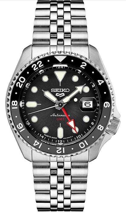 SEIKO Outomatiese Horlosie vir Mans - 5 -Sport - Swart Wysplaat met Datumkalender en Liggloeiende Wysers en Merkers en Swart & Grys GMT Ring, 100m Waterbestand