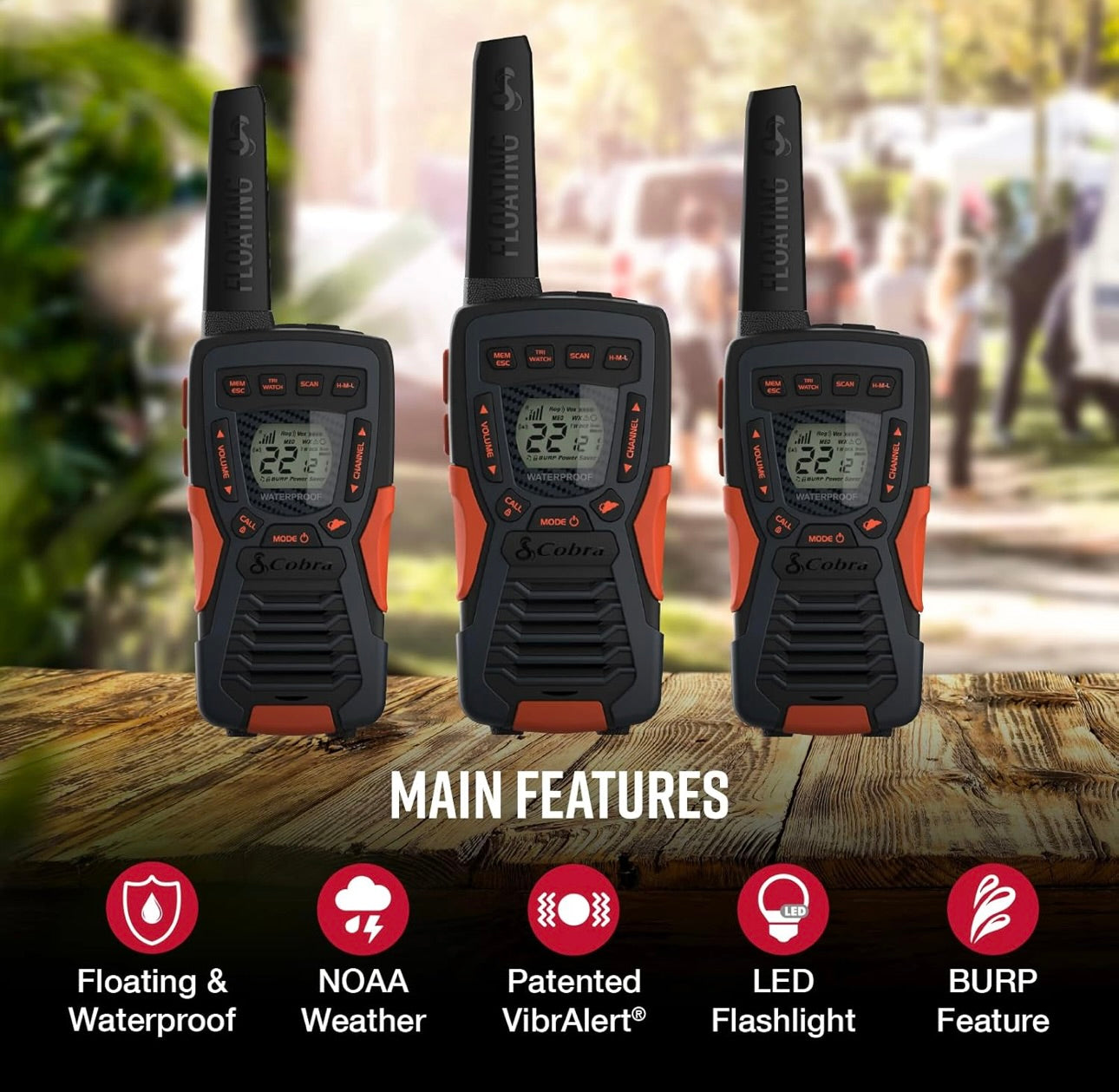 Radios bidirectionnelles d'urgence Cobra CXT10953PH-M, talkies-walkies étanches, portée jusqu'à 64 km, 22 canaux et canaux météo NOAA, réception UHF/FM ultra-claire, paquet de 3
