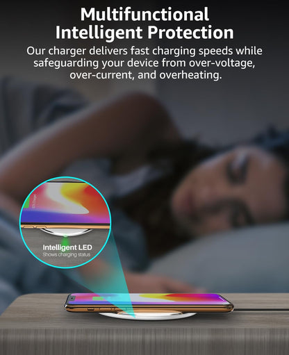 New Anti-Slip Wireless Charger 15W Max Fast Charging Pad Compatible w/ iPhone,Samsung Galaxy - White Silver