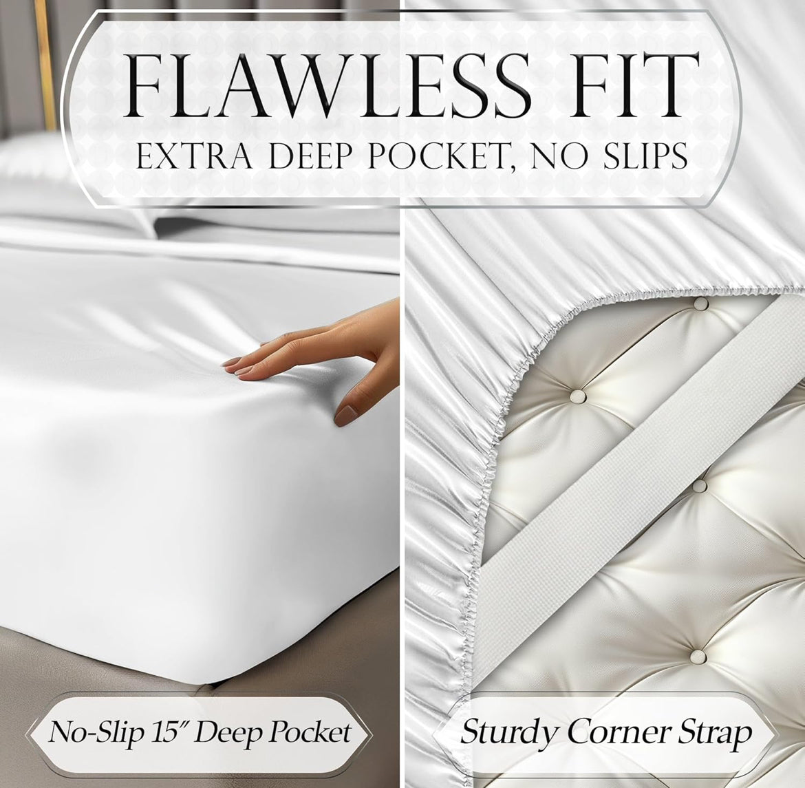 DECOLURE Satin Bed Sheets - 4 Piece Luxury Silky Queen Size Bedding Set - Softer Than Silk, Wrinkle-Free with 15” Deep Pocket Fitted Sheet, Perfect for Hair & Skin, Gifts for Women (White)