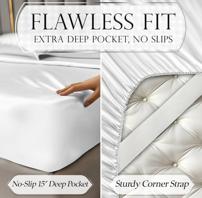 DECOLURE Satin Bed Sheets - 4 Piece Luxury Silky Queen Size Bedding Set - Softer Than Silk, Wrinkle-Free with 15” Deep Pocket Fitted Sheet, Perfect for Hair & Skin, Gifts for Women (White)