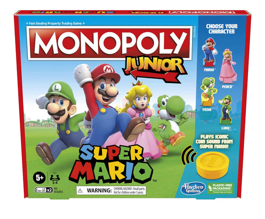 Monopoly Junior Super Mario Edition Board Game - Explore The Mushroom Kingdom as Mario, Peach, Yoshi, or Luigi