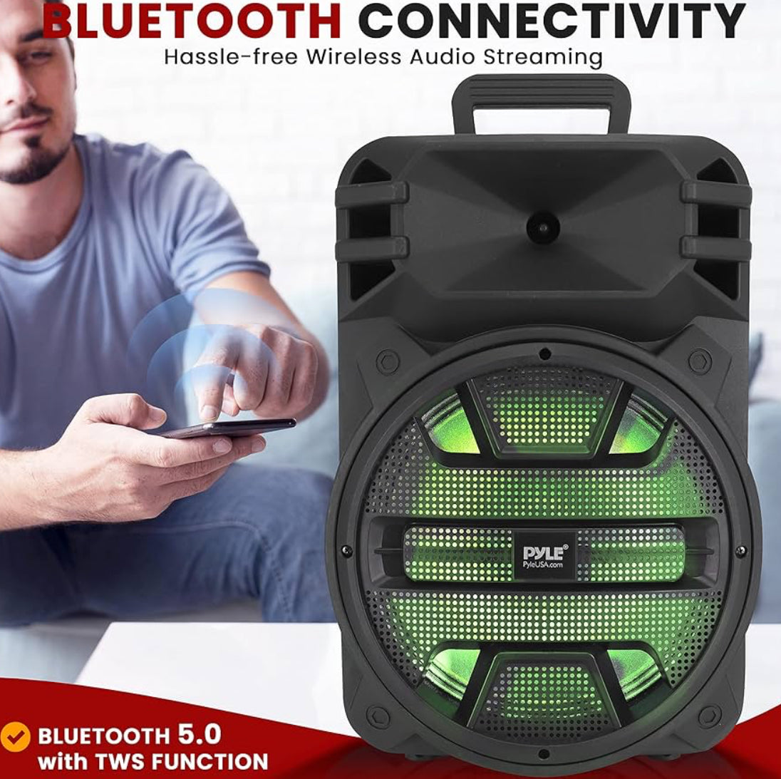 Portable Bluetooth Speaker System  12'' 800 Watts w/ Latest DJ LED Lights, USB/FM/BT/Aux/Remote Control/Mic Inputs & Built-in Rechargeable Battery